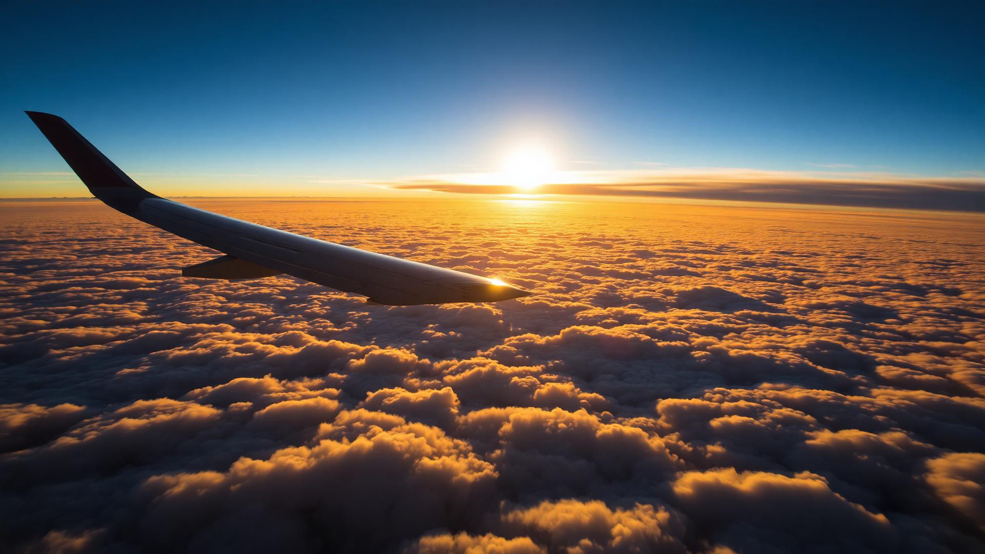 Aircraft wing above golden clouds at sunset